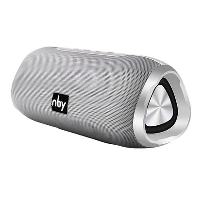Bluetooth wireless speaker with silver design, featuring built-in FM radio and card function, compact and portable.