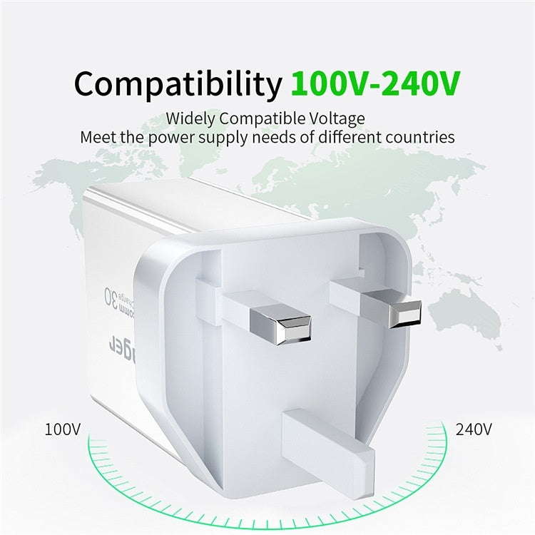 Three-Port USB Fast Charge 30WQC30 Mobile Phone Charger compatibility 100V-240V meeting global power supply needs.