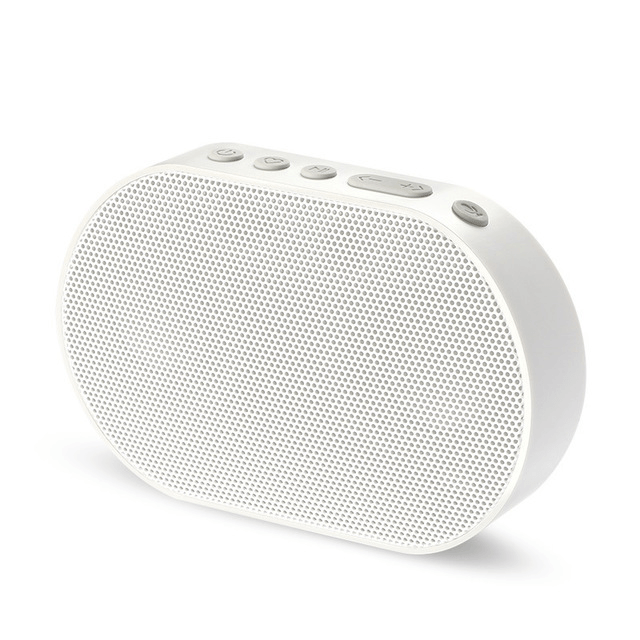 Bluetooth stereo smart speaker in white color with mesh grille and control buttons on top.