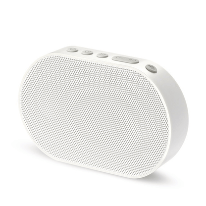 Bluetooth stereo smart speaker in white color with mesh grille and control buttons on top.