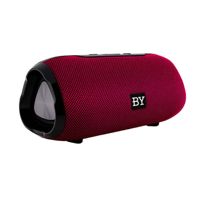Bluetooth wireless speaker in vibrant red mesh design with ergonomic shape and easy-to-use interface.