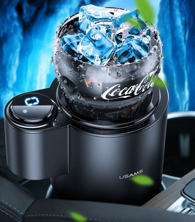 USAMS US-ZB160 Digital Display Smart Car Heating Cooling Cup Car Accessories with ice in a Coca-Cola glass.