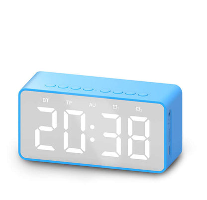 Alarm clock bluetooth speaker with large digital display and blue casing showing time 20:38