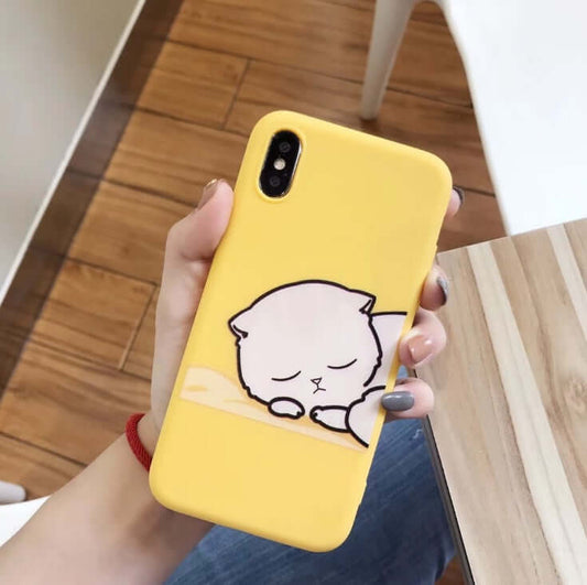 Funny cartoon cat phone case on yellow TPU silicone back cover, compatible with various iPhone models.