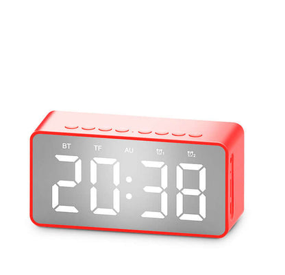 Alarm clock bluetooth speaker with large display and Bluetooth connectivity in red color.