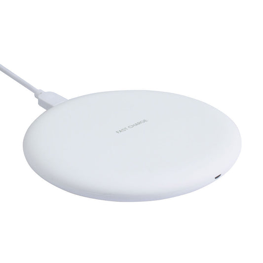 Wireless charger in white with fast charge indication, designed for efficient smartphone charging.