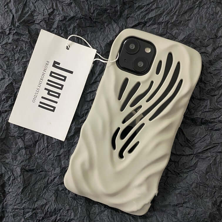 Titanium gray hollow iPhone case featuring wind hollowed-out design for improved grip and heat dissipation.