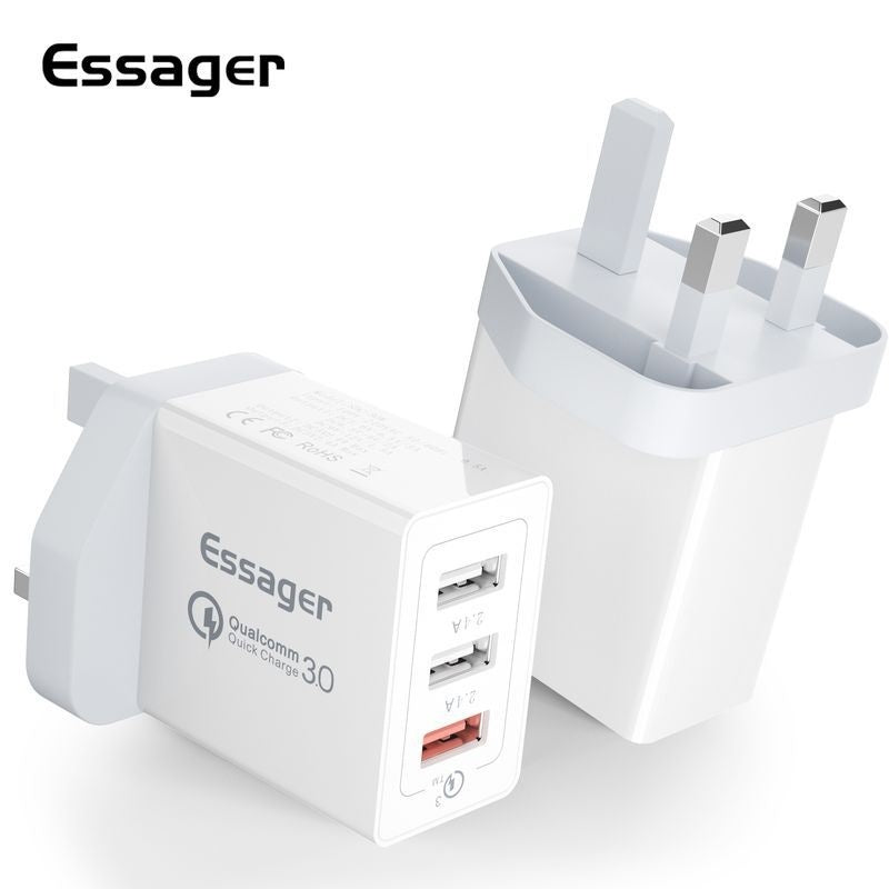 Three-Port USB Fast Charge 30WQC30 Mobile Phone Charger with Qualcomm Quick Charge technology in white.