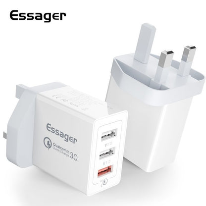 Three-Port USB Fast Charge 30WQC30 Mobile Phone Charger with Qualcomm Quick Charge technology in white.