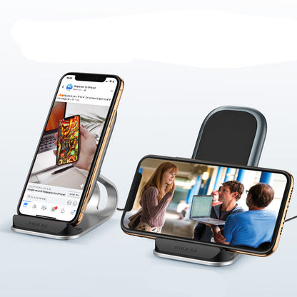 Mobile phone wireless charger displaying two smartphones charging simultaneously on a sleek stand.