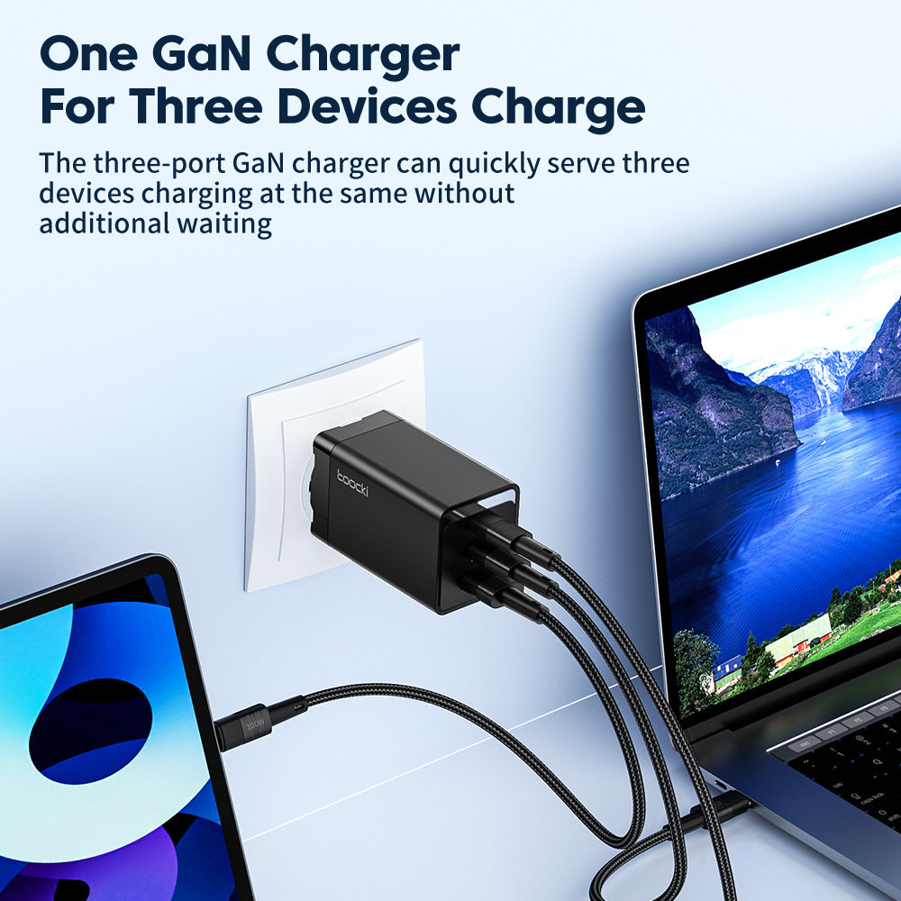 67W Pole Charger Gallium Nitride Three-port Fast Charging Charger connected to three devices.