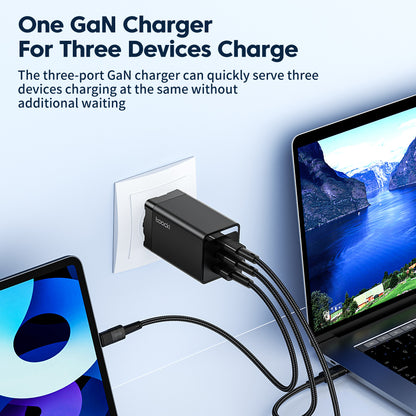 67W Pole Charger Gallium Nitride Three-port Fast Charging Charger connected to three devices.