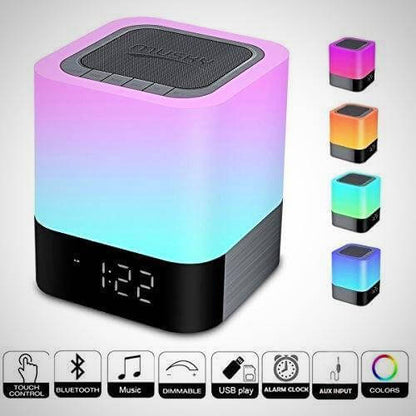Bluetooth Speaker with LED night light, alarm clock, and Bluetooth connectivity features.
