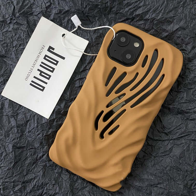 Titanium gray hollow iPhone case with wind hollowed-out design for stylish protection and heat dissipation.