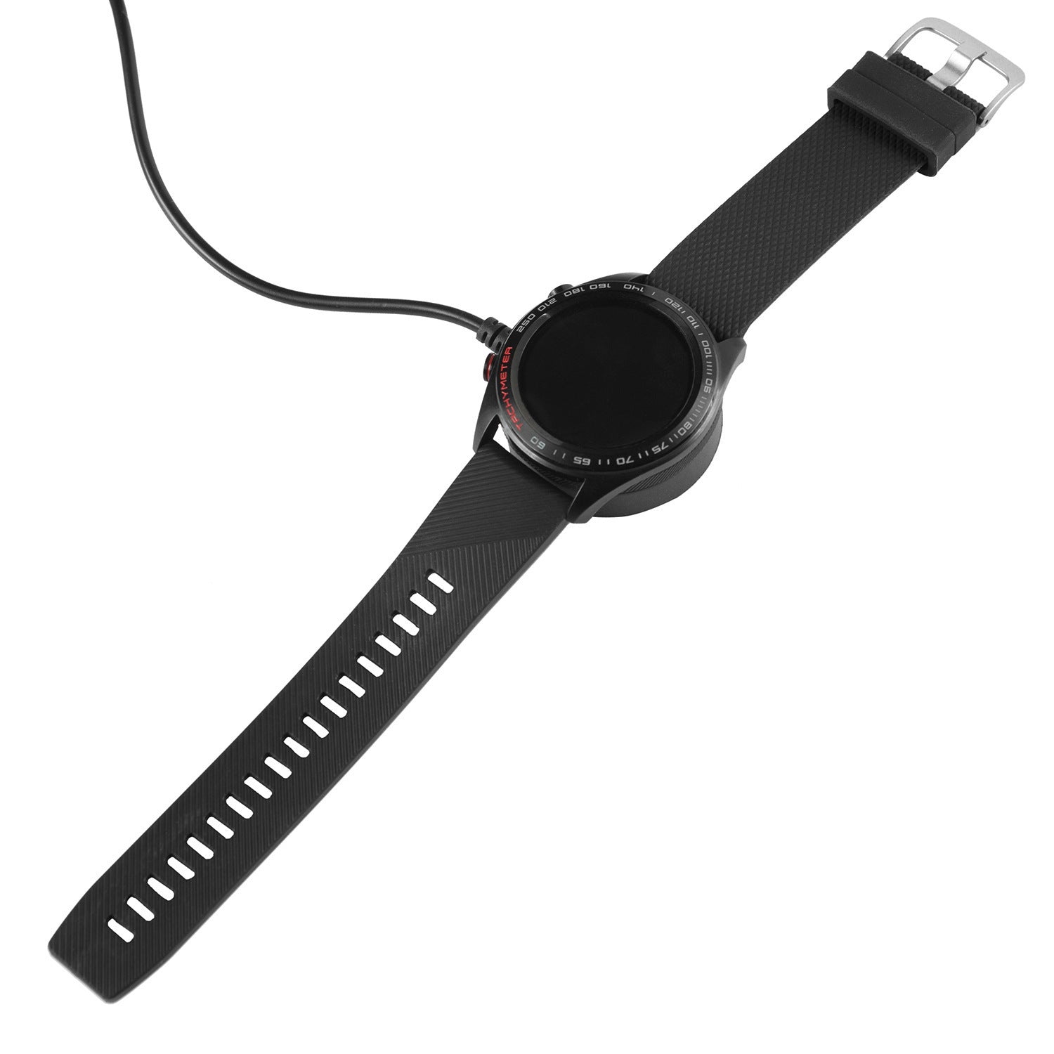 Watch Integrated Charging Cable connected to a smartwatch with black strap on a white background.