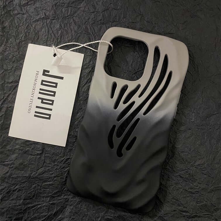 Titanium gray hollow iPhone case with wind hollowed-out design and unique aesthetic appeal