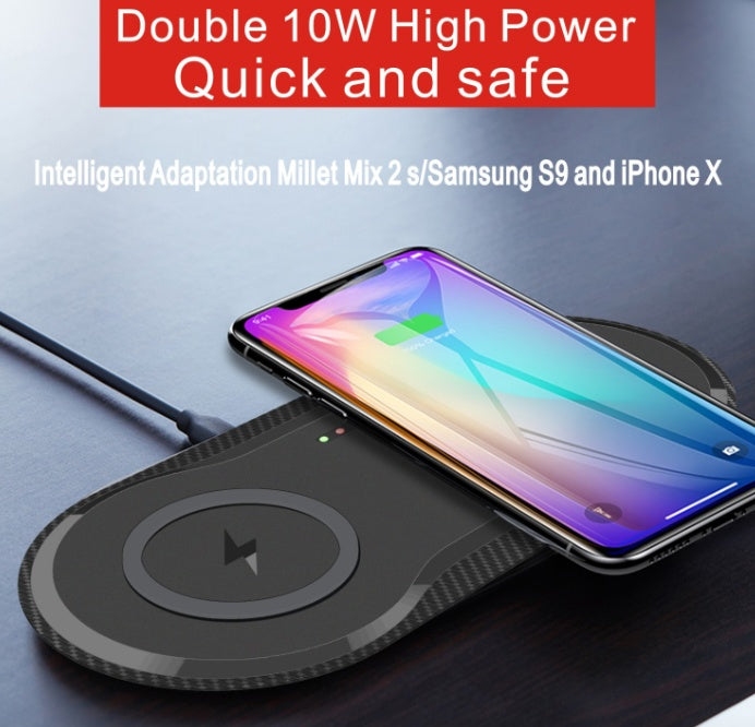 Wireless Charger for quick and safe dual device charging with 10W high power, compatible with Samsung and iPhone.