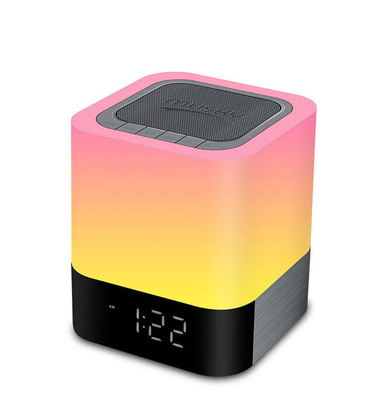 Bluetooth Speaker with LED night light and clock display, sleek pink and yellow gradient design.