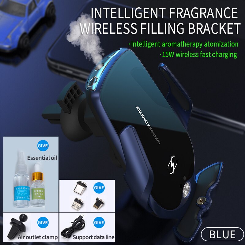Car Smart Aromatherapy Mobile Phone Holder Car Navigation in blue with essential oil and wireless charging features.