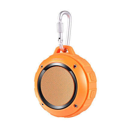 Waterproof Bluetooth speaker in orange color with a carabiner for easy attachment.