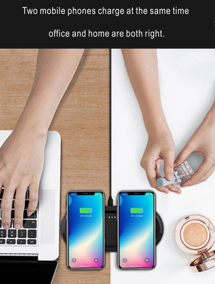 Wireless Charger charging two mobile phones simultaneously on a desk and a home setting.