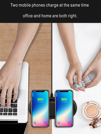 Wireless Charger charging two mobile phones simultaneously on a desk and a home setting.