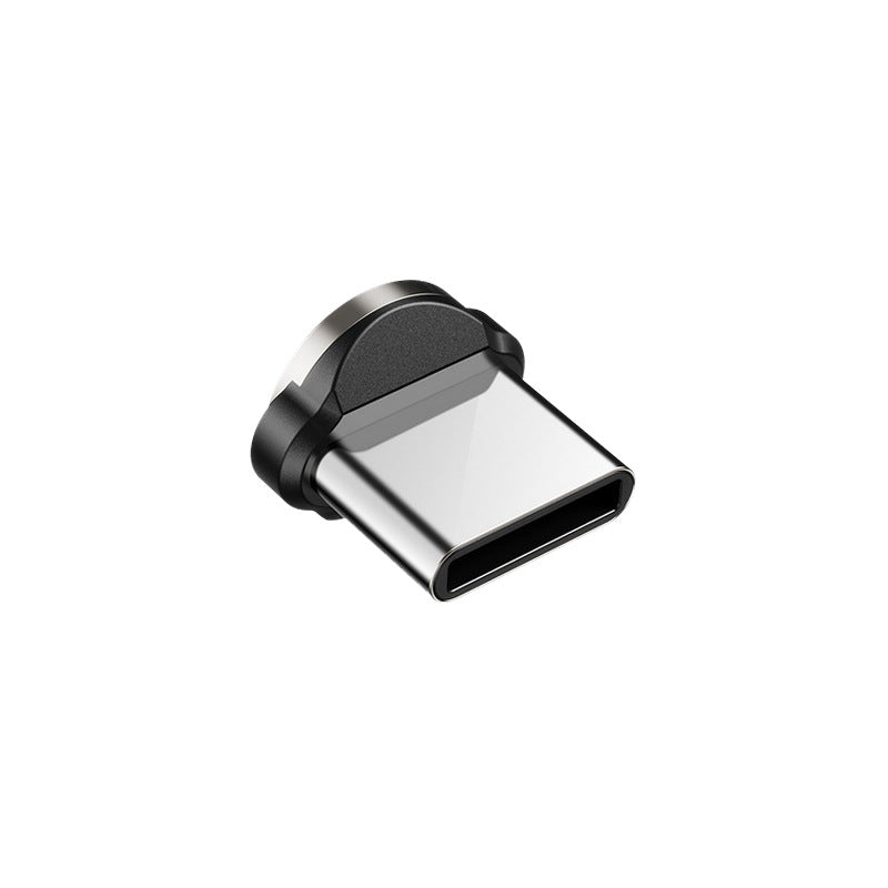Close-up of a rotating magnetic suction head for a magnetic charging cable, showcasing strong magnetic attraction.