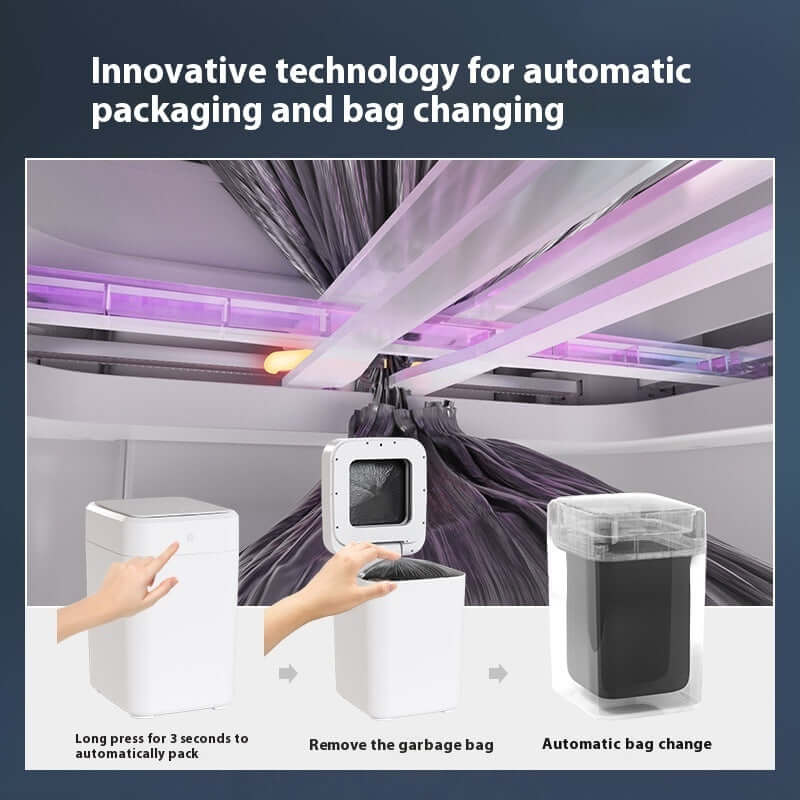 Inductive Household Automatic Sealing And Bag Change Sealing Smart Trash Can showing innovative technology for automatic packaging.