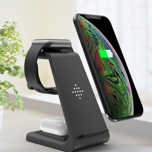 3 In 1 Fast Charging Station Wireless Charger Stand Wireless Quick Charge Dock For Phone Holder displaying phone and earbuds.