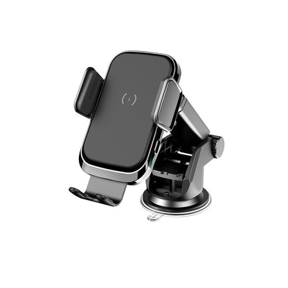 Car wireless charger with suction cup mount and adjustable arm for convenient hands-free use.