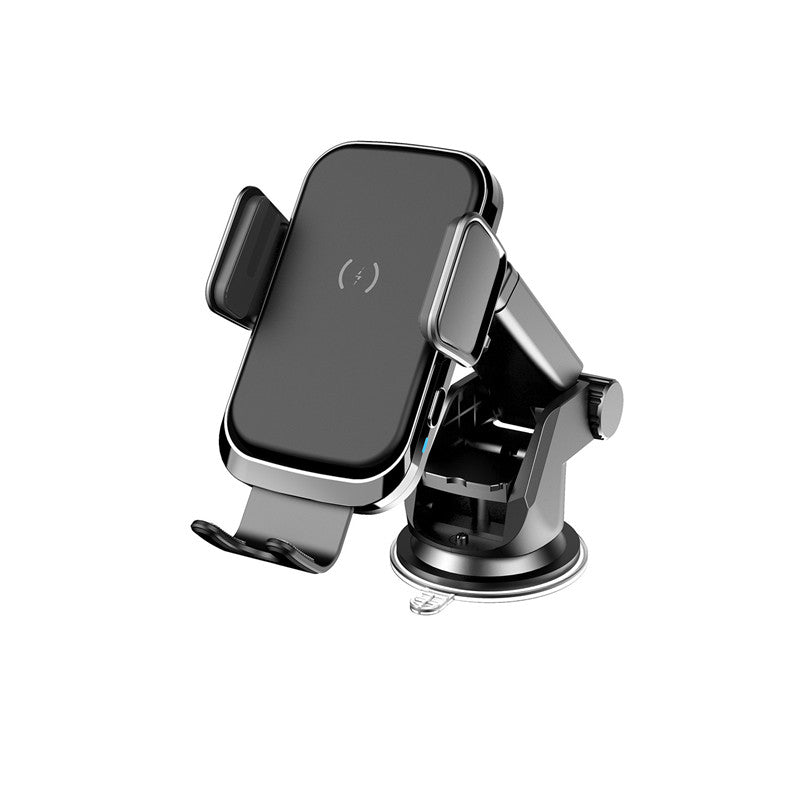 Car wireless charger with suction cup mount, adjustable holding arms, designed for convenient charging in vehicles.