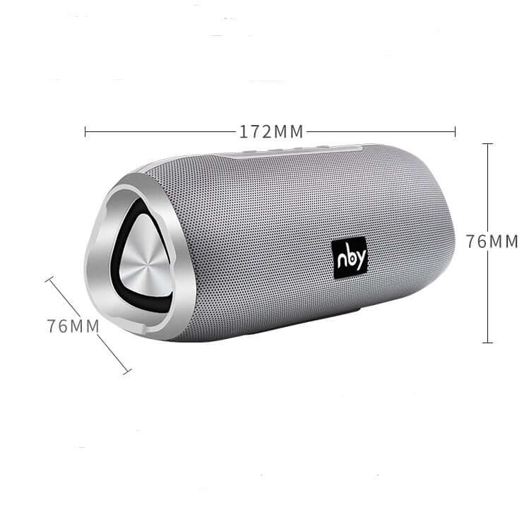 Bluetooth wireless speaker in silver color, featuring a sleek design and dimensions of 172mm x 76mm x 76mm.