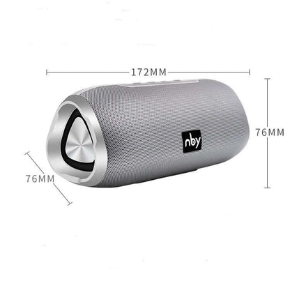 Bluetooth wireless speaker in silver color, featuring a sleek design and dimensions of 172mm x 76mm x 76mm.