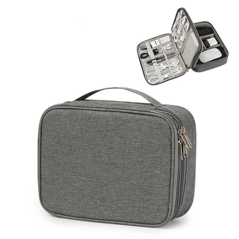 Data Cable Storage Bag Travel Portable Digital Accessories in gray with double layer design for organizing wires and chargers.
