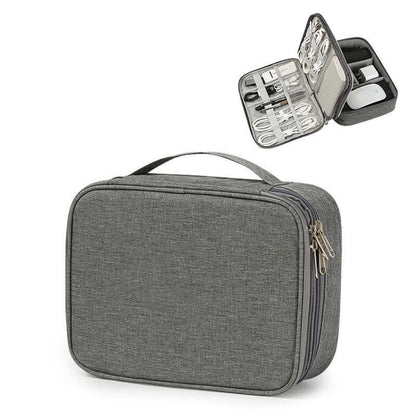 Data Cable Storage Bag Travel Portable Digital Accessories in gray with double layer design for organizing wires and chargers.