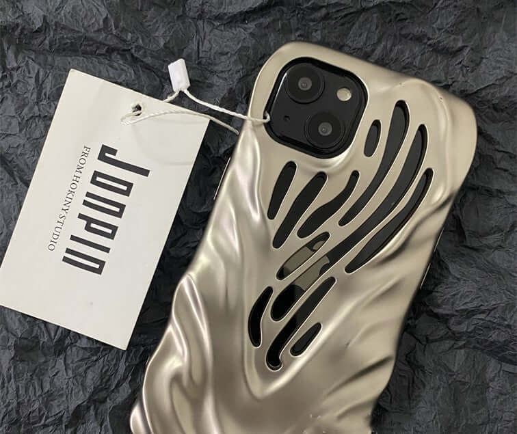 Titanium gray hollow iPhone case showcasing unique wind hollowed-out design for protection and style.