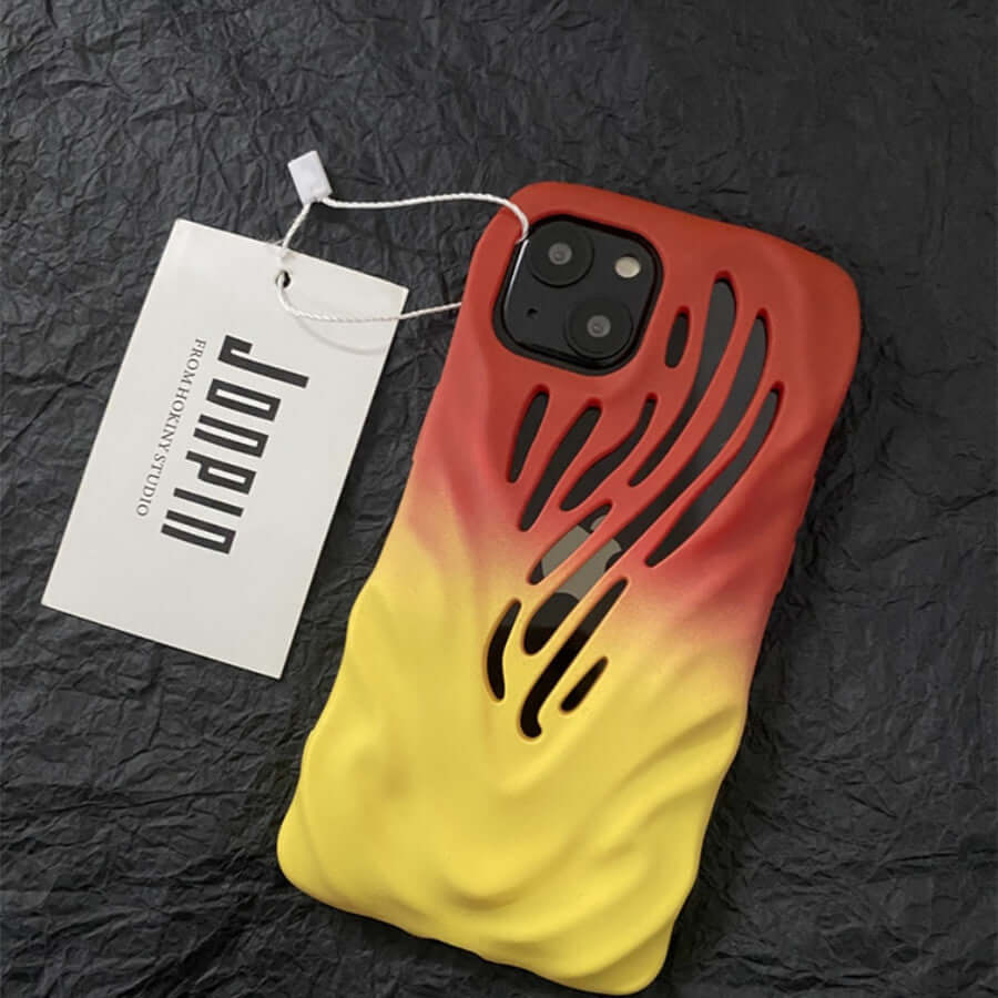 Stylish titanium gray hollow iPhone case featuring wind hollowed-out design for heat dissipation.