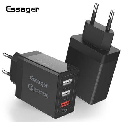 Three-Port USB Fast Charge 30WQC30 Mobile Phone Charger in black with Qualcomm Quick Charge technology