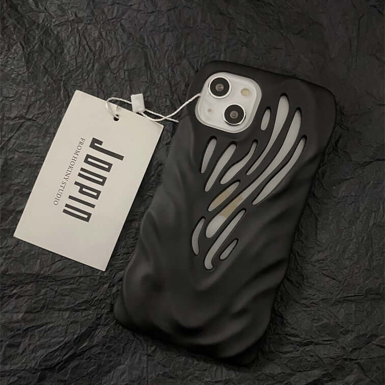 Stylish titanium gray hollow iPhone case with unique wind hollowed-out design, perfect for protection.