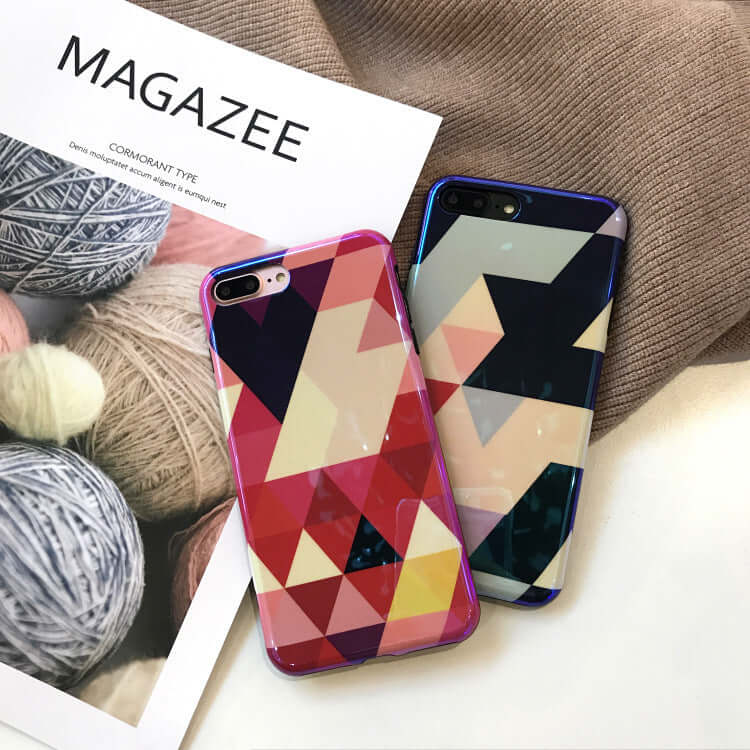 Blu-ray love heart phone case featuring colorful geometrical design, soft silicone protection, stylish accessory.