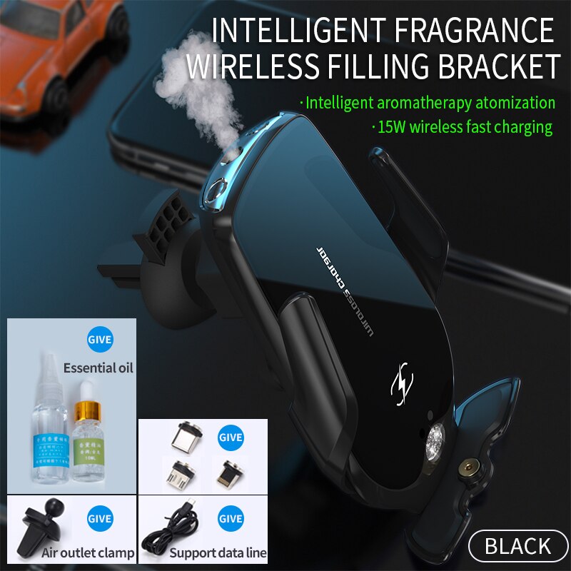 Car Smart Aromatherapy Mobile Phone Holder Car Navigation in black with essential oil and wireless charging features.