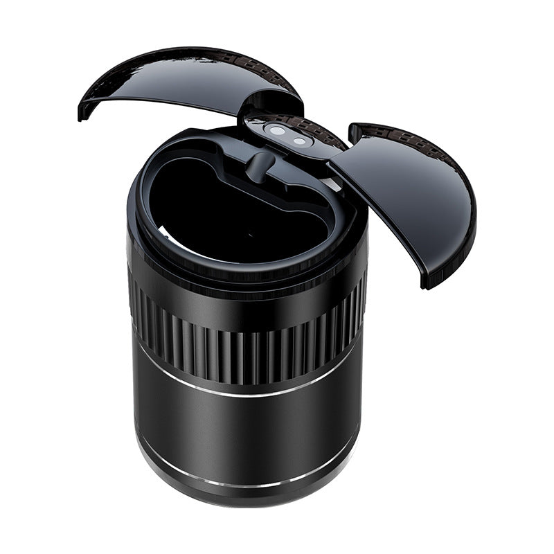 Multi-functional Creative Smart Car Ashtray With Lid in black with open lid, showcasing USB charging capability.