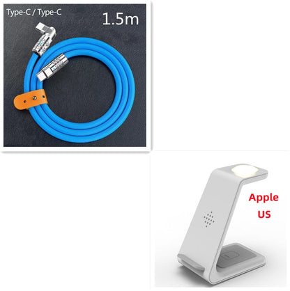 Type-C charging cable 1.5m in blue and a white wireless charger lamp for fast charging.