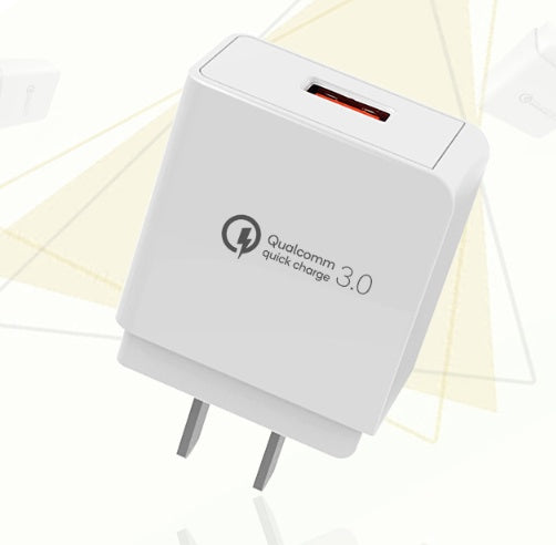 Fast charge charger with Qualcomm Quick Charge 3.0 technology for rapid mobile device charging.