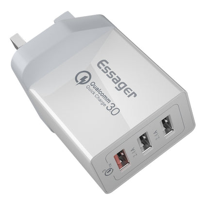 Three-Port USB Fast Charge 30WQC30 Mobile Phone Charger in white with three USB ports