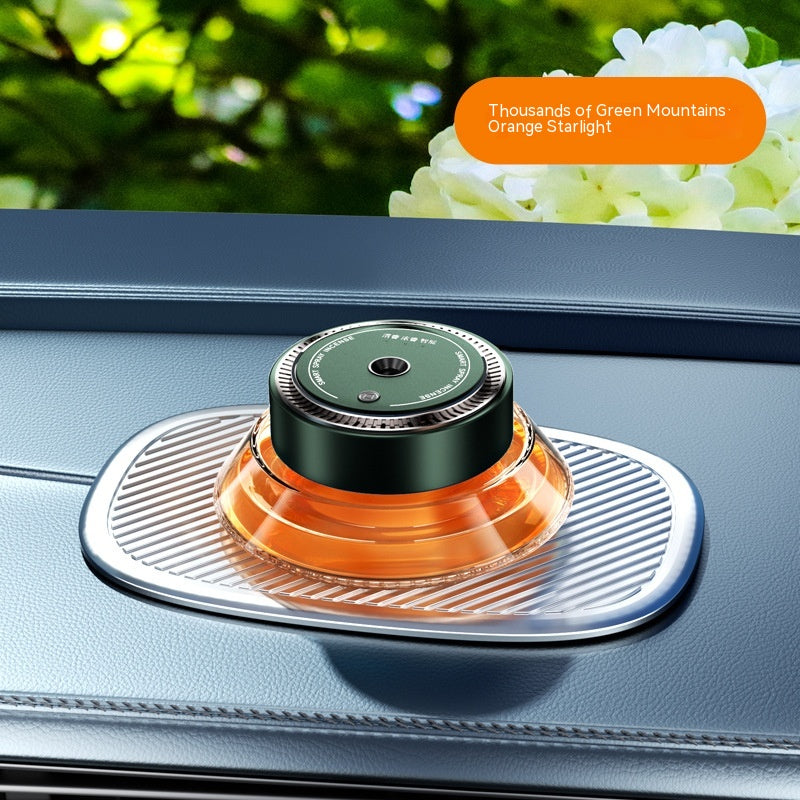 Smart Spray Car Mounted Fragrance Accessories on car dashboard with green and orange design.