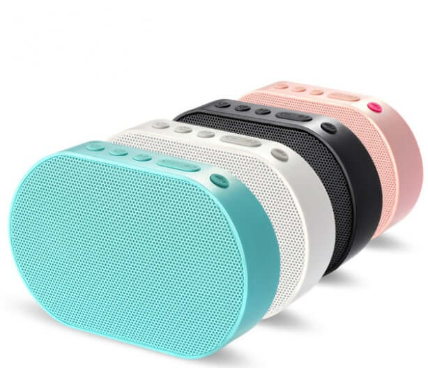 Bluetooth stereo smart speaker in four colors: blue, white, black, and pink, showcasing sleek design and controls.