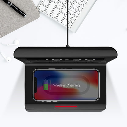 Multifunctional wireless charger with smartphone indicating wireless charging status on top.