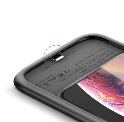 Close-up of Phones Charger input port for iPhone 11 battery case, showcasing quality ABS and TPU material.