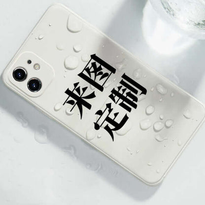 Customized acrylic couple phone cases with stylish design and water droplets on surface.